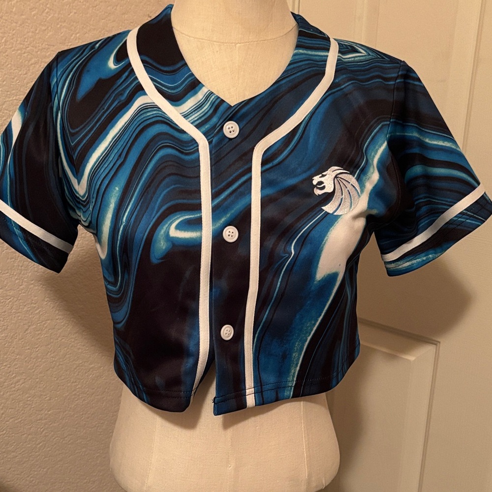 Blue and Black Women's Jersey Top